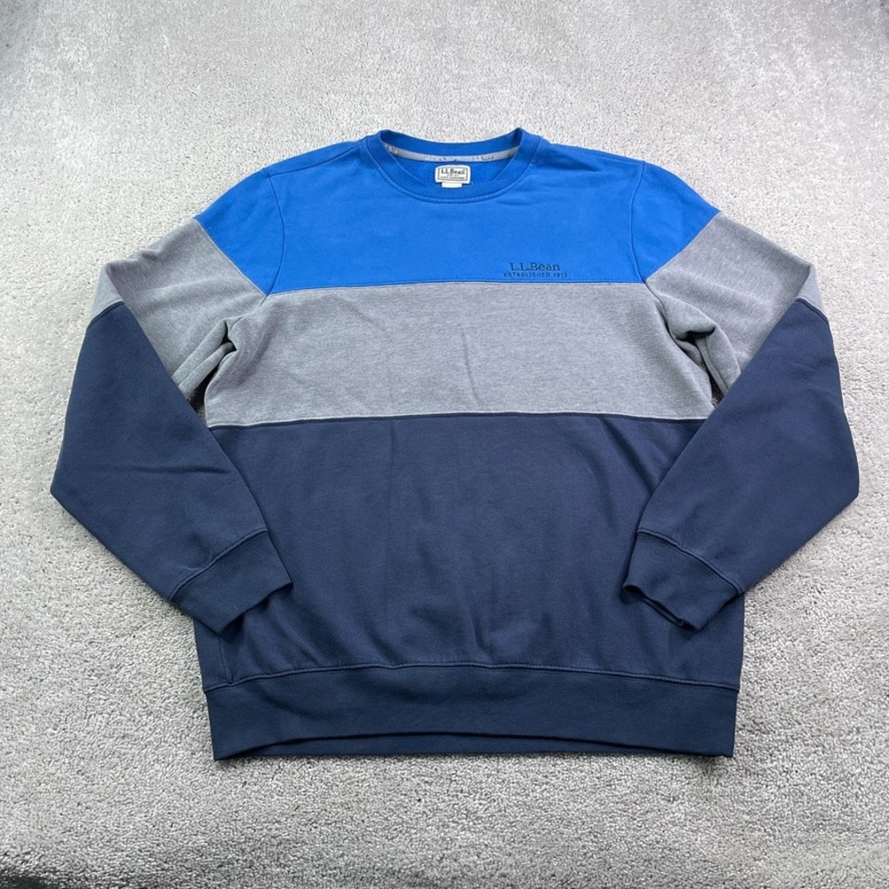LL Bean Sweatshirt Mens Large Tall Blue Colorblock Fleece Crewneck Pullover Logo